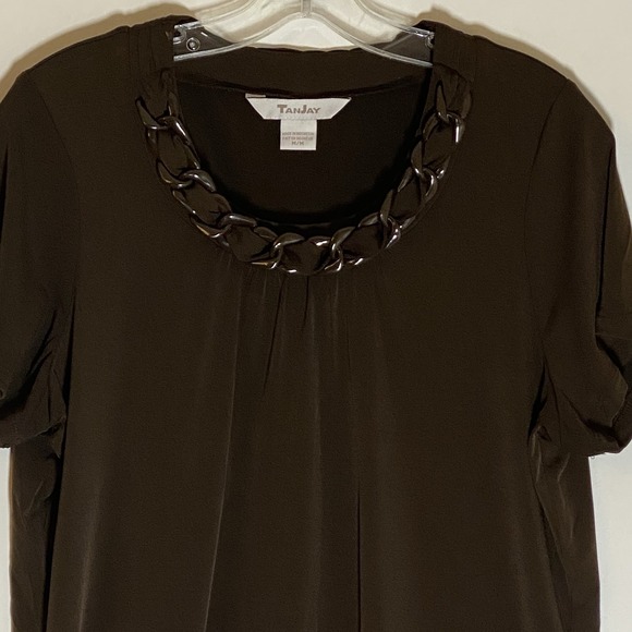 TanJay Top Womens Medium Brown Braided Chain Collar Short Sleeve Stretch Fun M - Picture 2 of 12